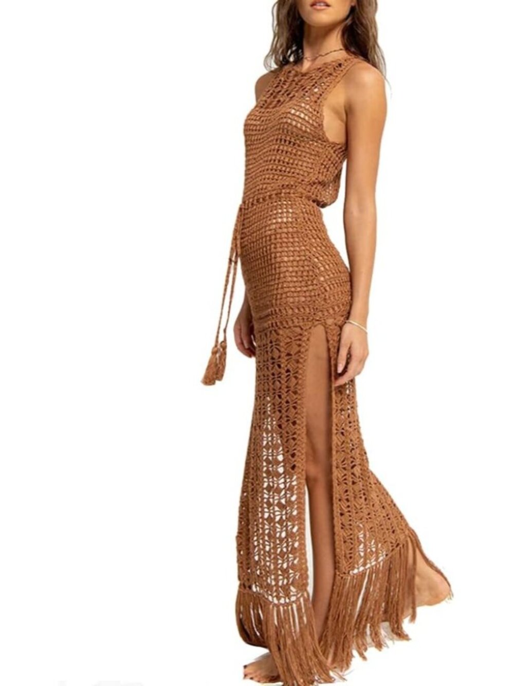 Women's Khaki Sleeveless Boho Crochet Fringe Maxi Side Slit Swimsuit Cover UPS